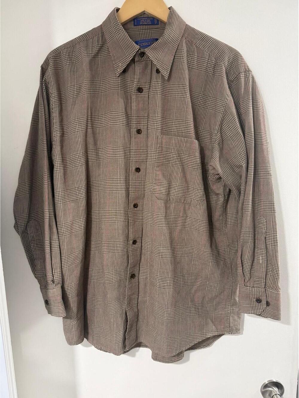 Pendleton Canterbury Cloth Wool Blend Shirt Mens Large Glen Plaid Pima Cotton